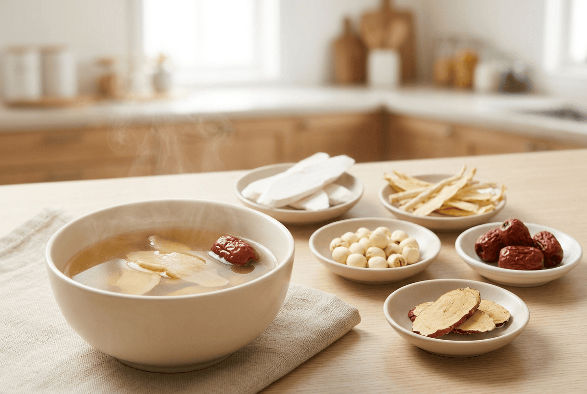 Autumn dryness soup kit display and in a bowl of soup.