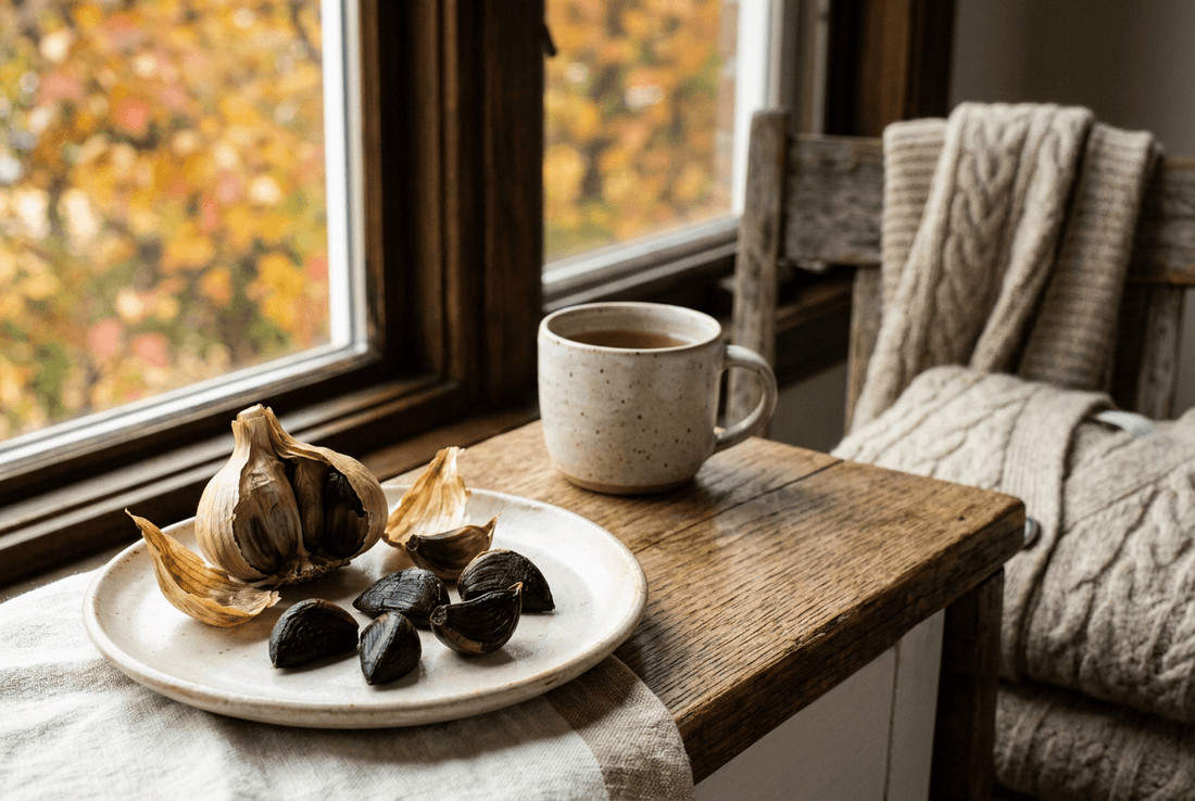 Black garlic cloves on a ceramic plate beside a window with autumn foliage outside.