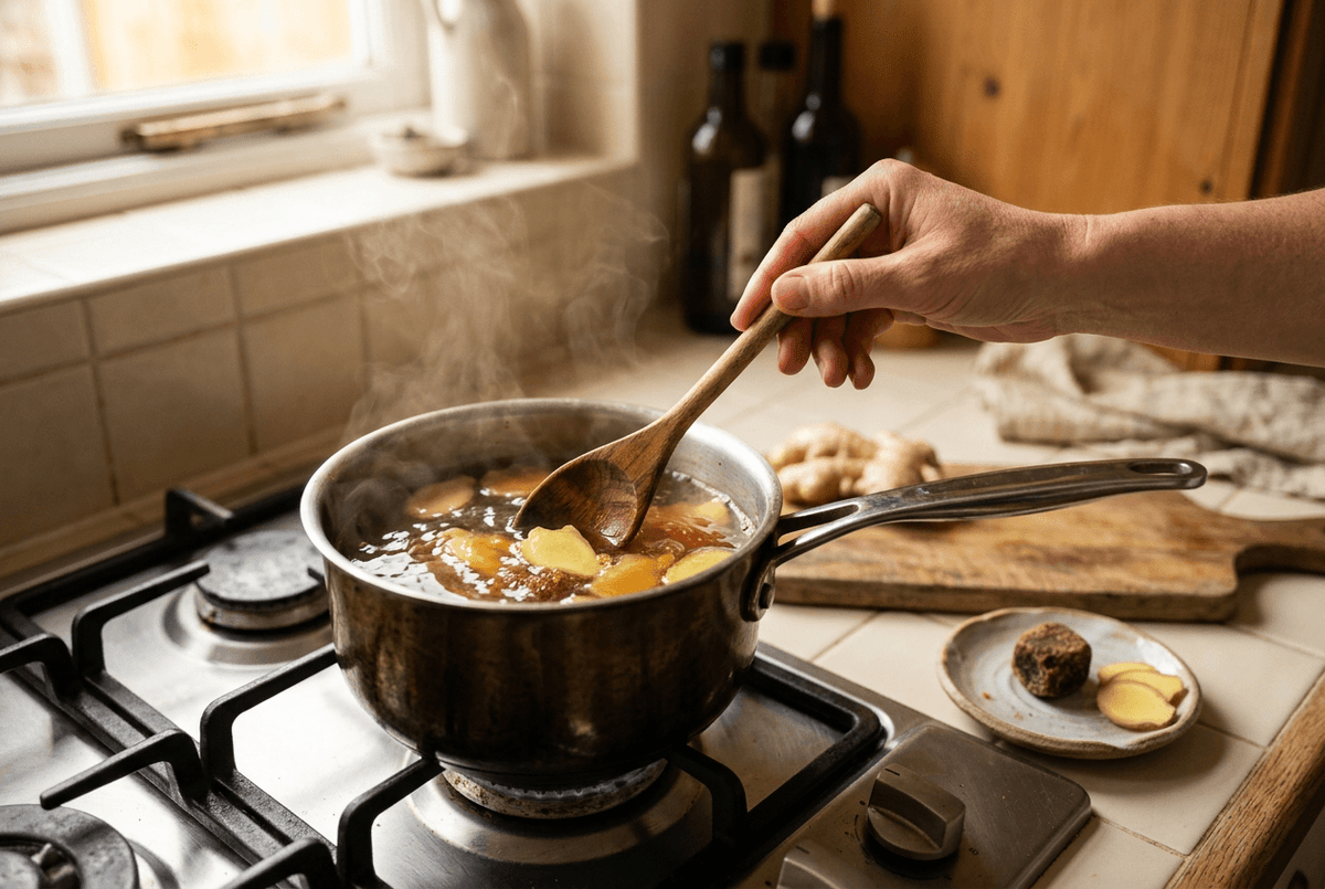 Cooking brown sugar ginger tea on stove.