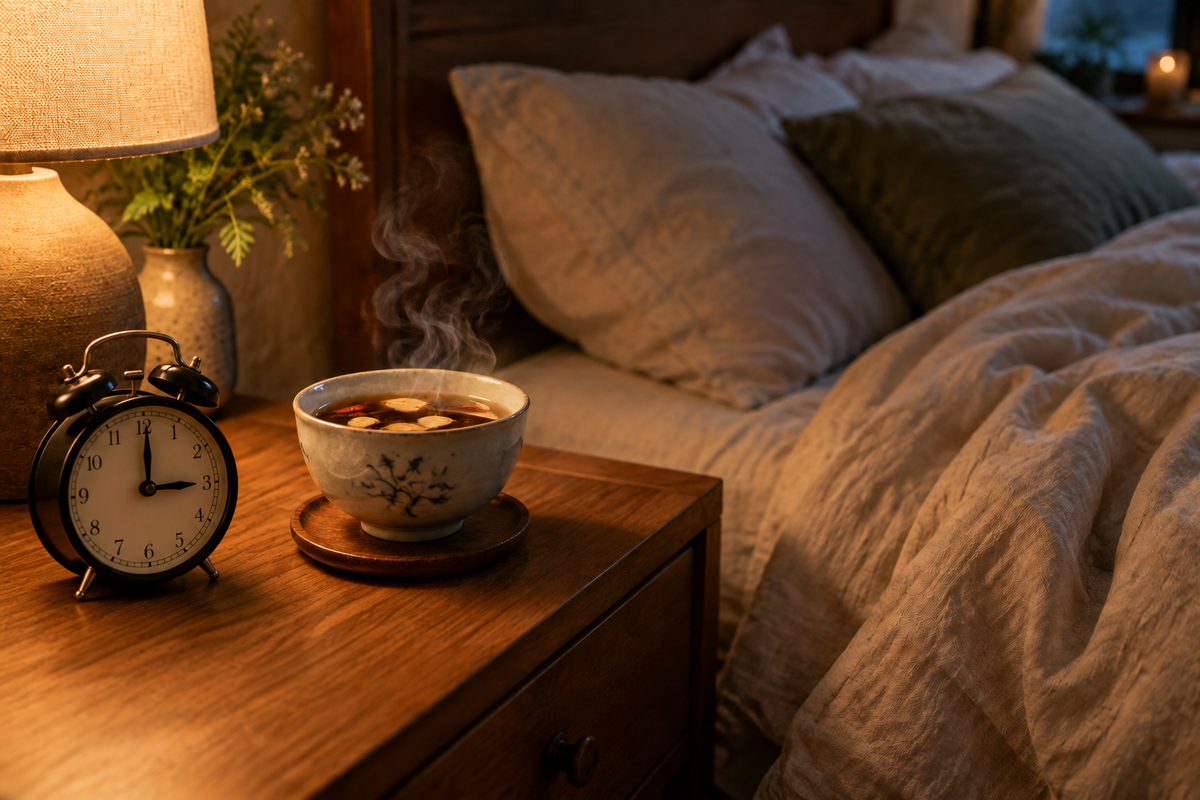Alarm clock showing 3 AM beside herbal tea at night, TCM insomnia support in Nanaimo