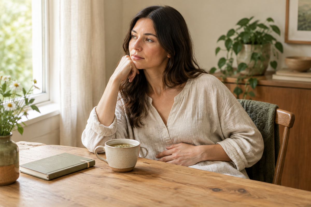 a woman overthink and abdomen bloating beside a table