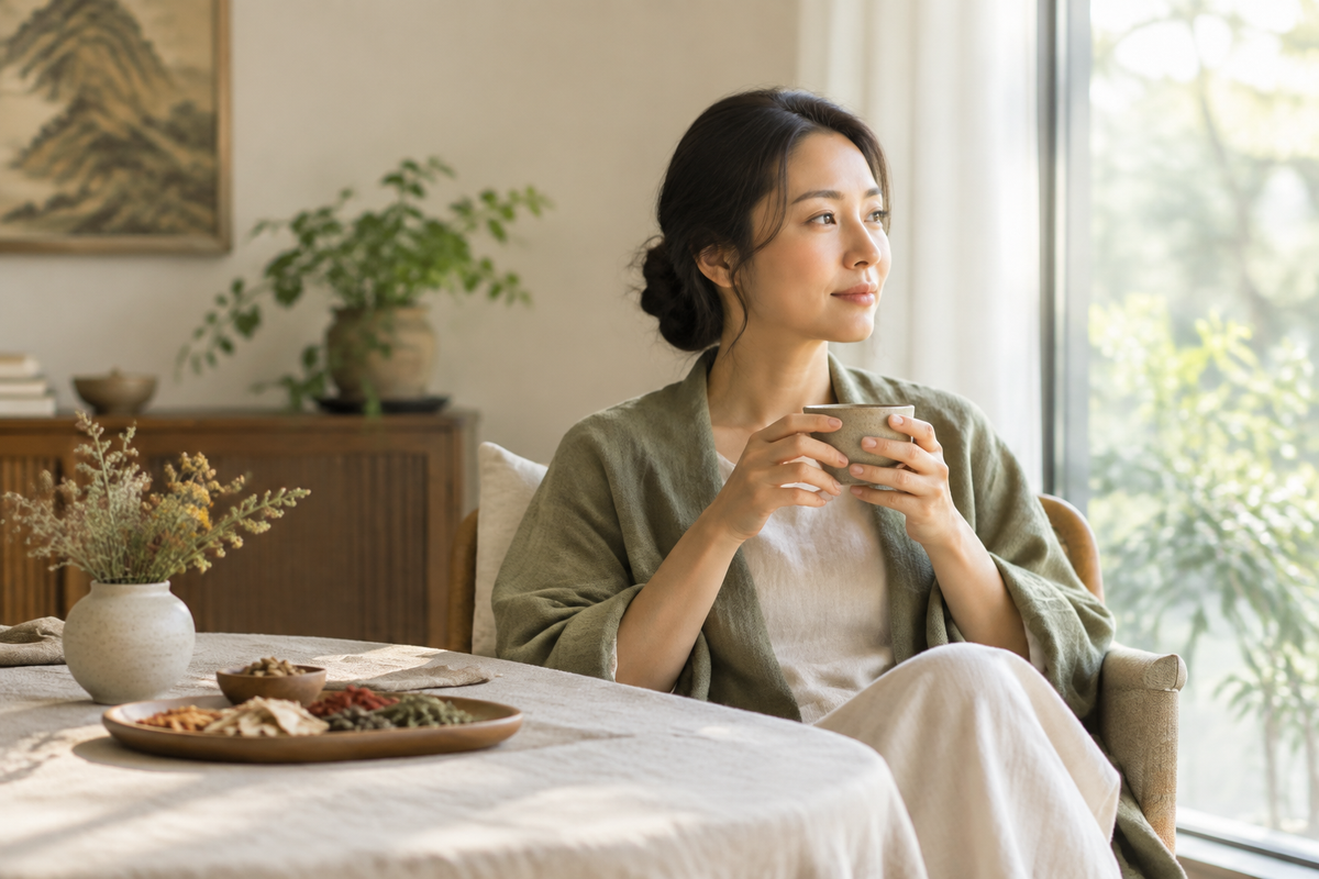 Person holding a warm cup of tea, looking thoughtful, soft natural light