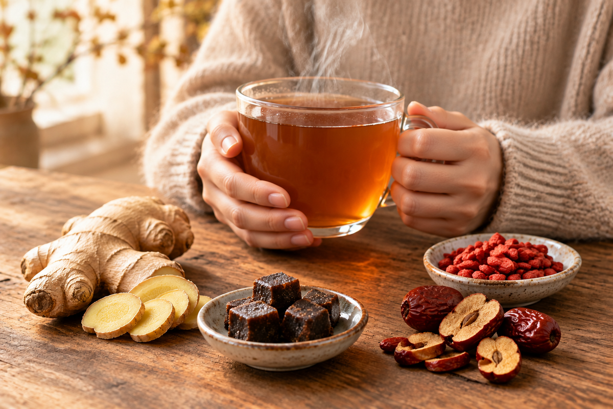 Hands holding a steaming cup of tea, with ginger, black sugar, goji berries, and jujube dates on a wooden table.