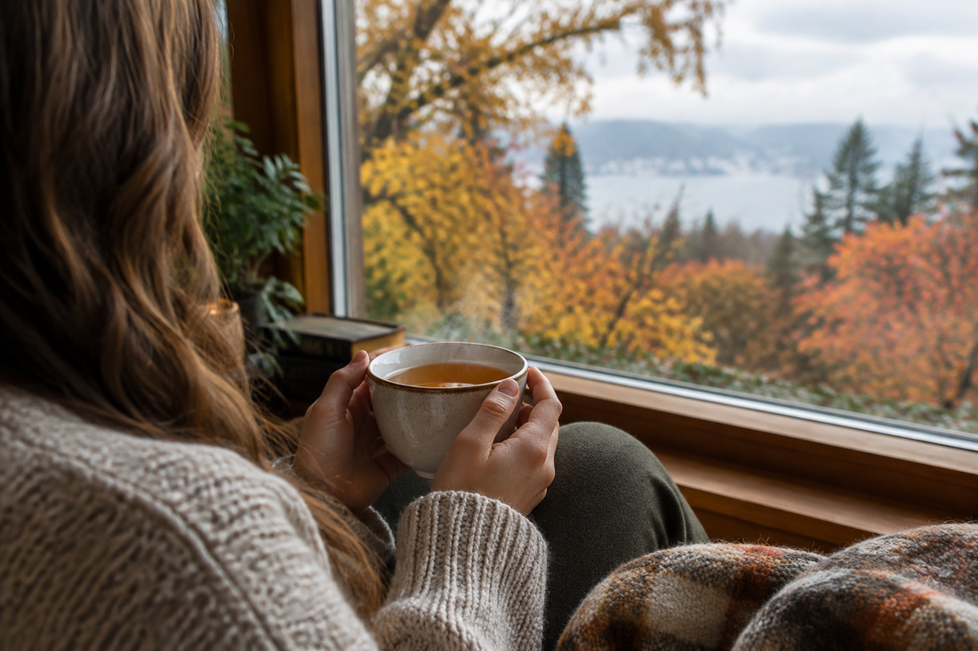 Woman holding a warm cup of tea by a window, autumn leaves outside