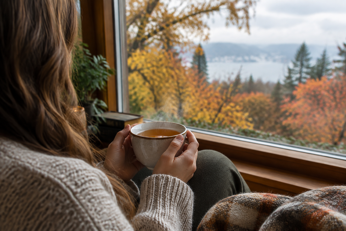Woman holding a warm cup of tea by a window, autumn leaves outside