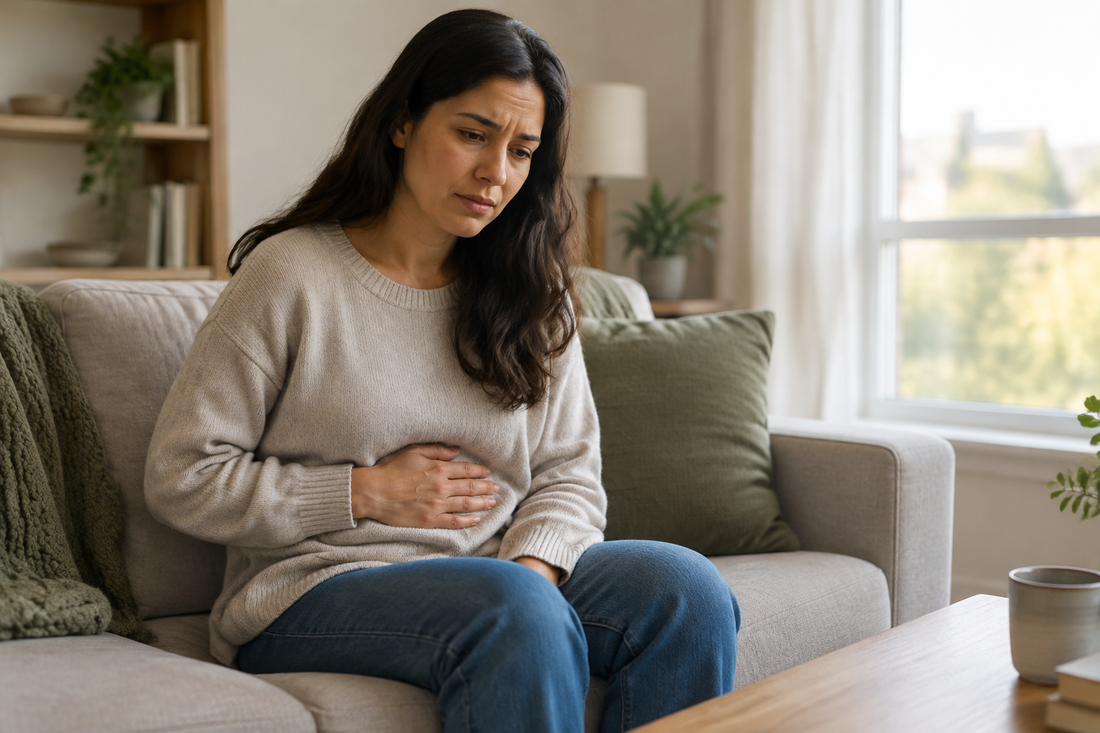 Person seated by a window holding their stomach with mild discomfort
