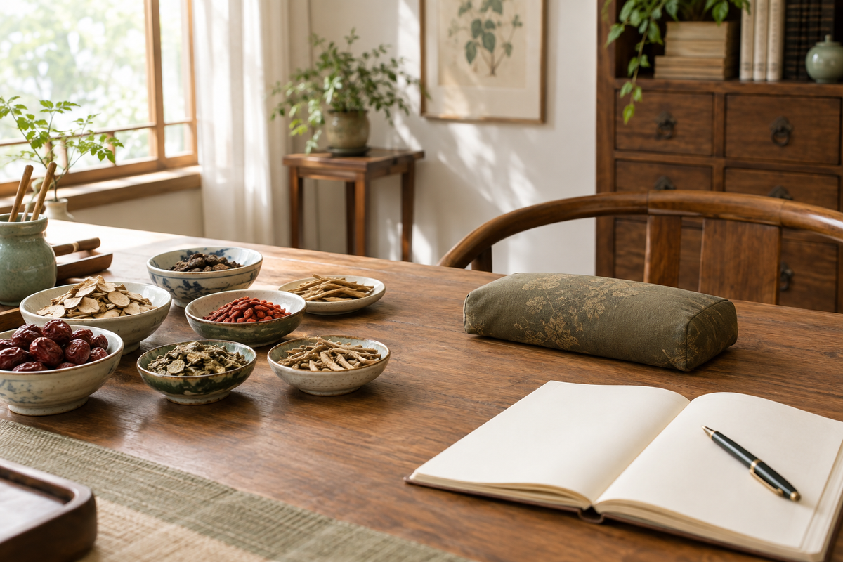TCM practitioner's desk with herbs, a pulse diagnosis cushion, and a notebook
