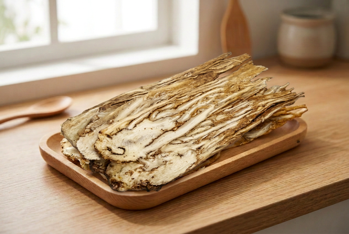 Dried dang gui (Angelica sinensis) root slices showing their natural texture.