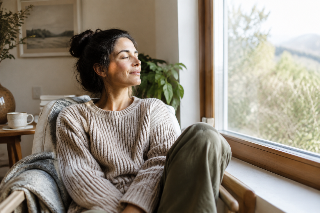Woman resting her eyes beside a window in soft natural light