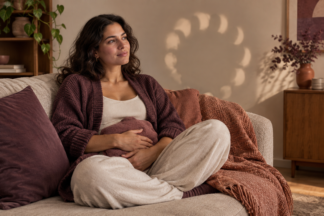 Woman holding pillow on low abdomen, looking calm and comfortable, soft natural light